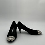 Chanel Black Silver Leather Heels 35 1/2