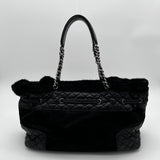Chanel Black Quilted Aged Leather And Calfhair Drawstring Tote Bag