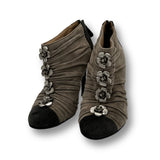 Chanel Silver Camellia Grey Suede Leather Heels 38
